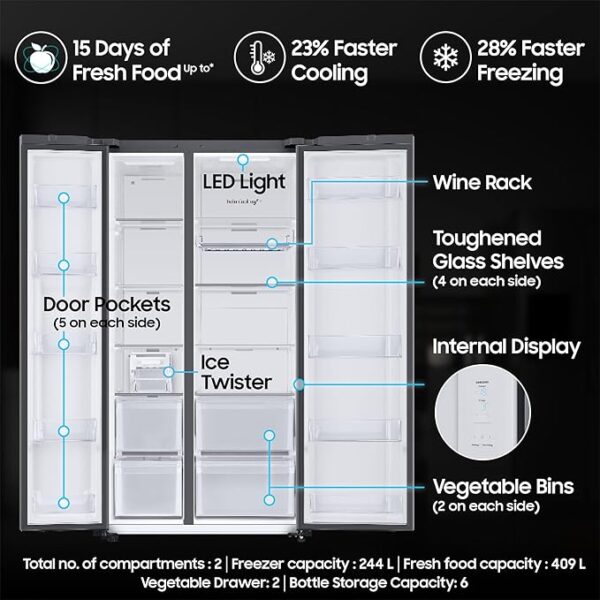 Samsung 653 L, 5 Star, Frost Free, Double Door, Convertible 5-in-1 Digital Inverter, Side By Side AI Enabled Smart Refrigerator with WiFi (RS76CG8115B1HL, Black Doi, Black Matte) - Image 5