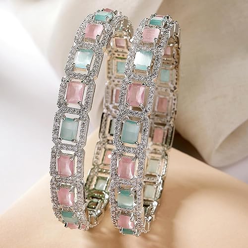 ZENEME Rhodium-Plated Silver Toned American Diamond Square Shaped studded Bangle Jewellery Set for Girls and Women (Set Of 2) - Image 3