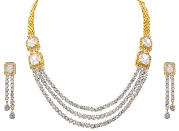 JFL- Ethnic Fusion One Gram Gold Plated Cz American Diamond Designer Necklace Set with Earring for Women & Girls.