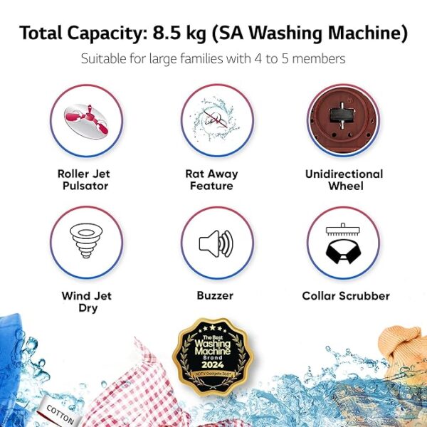 LG 8.5 kg 5 Star Semi-Automatic Top Load Washing Machine (P8530SRAZ, Burgundy, Roller Jet Pulsator) - Image 4