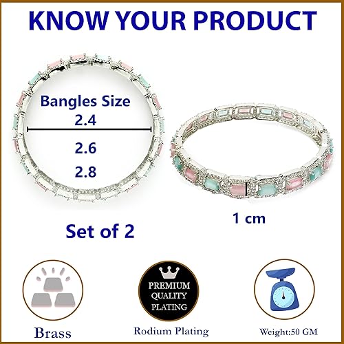 ZENEME Rhodium-Plated Silver Toned American Diamond Square Shaped studded Bangle Jewellery Set for Girls and Women (Set Of 2) - Image 5