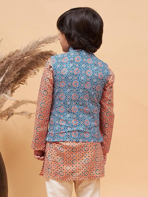 VASTRAMAY Boys' Blue Nehru Jacket | Classic & Elegant Sleeveless Moroccan Pattern Printed Silk Blend Jacket for boys - Navratri Special Traditional Ethnic Waistcoat - Perfect for Festivals, Weddings - Image 4