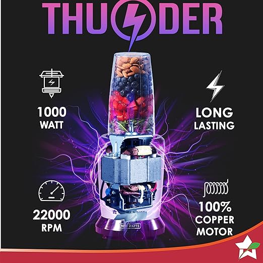 Wonderchef Nutri-Blend Thunder, 22000 RPM Mixer-Grinder, Blender, Stainless Steel 6-Blade Assembly, 2 Unbreakable Jars, 2 Years Warranty, 1000W - Silver, Online Recipe Book By Chef Sanjeev Kapoor - Image 5