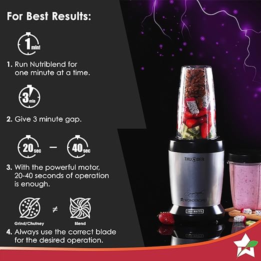 Wonderchef Nutri-Blend Thunder, 22000 RPM Mixer-Grinder, Blender, Stainless Steel 6-Blade Assembly, 2 Unbreakable Jars, 2 Years Warranty, 1000W - Silver, Online Recipe Book By Chef Sanjeev Kapoor - Image 6