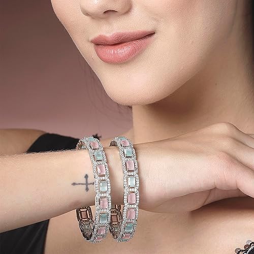 ZENEME Rhodium-Plated Silver Toned American Diamond Square Shaped studded Bangle Jewellery Set for Girls and Women (Set Of 2) - Image 2