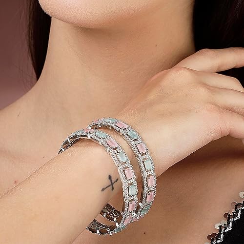 ZENEME Rhodium-Plated Silver Toned American Diamond Square Shaped studded Bangle Jewellery Set for Girls and Women (Set Of 2) - Image 4