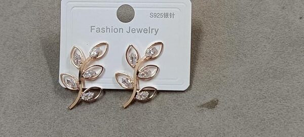 Jewelryklub Rose Gold Plated American Diamond Stud Leaf Earrings For Women and Girls - Image 2