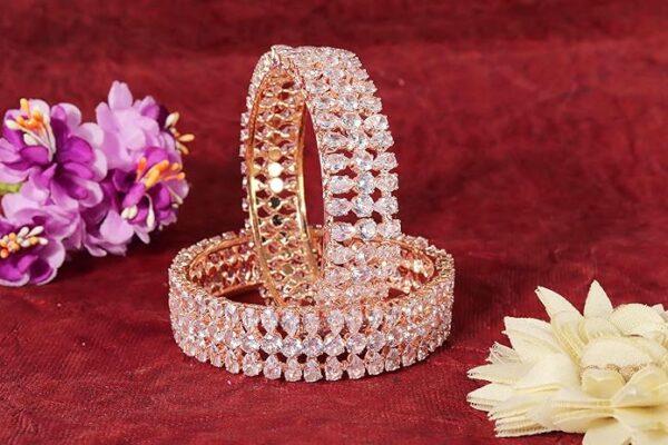 LAVAZZA RoseGold Metal American Diamond Bangles Kangan Set For Women & Girls Stylish | AD Bangles | Diamond Kada For Women | Premium Rose Gold Plated Bangles Kada- Set of 2 - Image 4