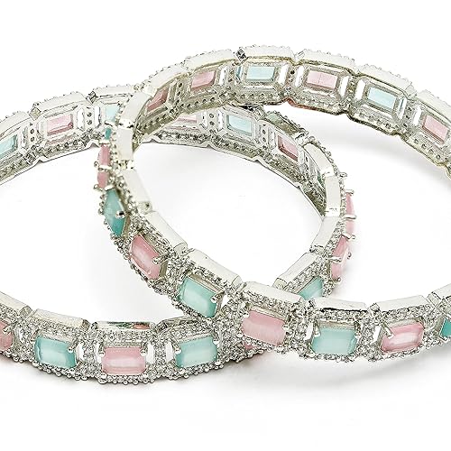 ZENEME Rhodium-Plated Silver Toned American Diamond Square Shaped studded Bangle Jewellery Set for Girls and Women (Set Of 2) - Image 6