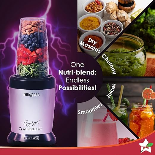 Wonderchef Nutri-Blend Thunder, 22000 RPM Mixer-Grinder, Blender, Stainless Steel 6-Blade Assembly, 2 Unbreakable Jars, 2 Years Warranty, 1000W - Silver, Online Recipe Book By Chef Sanjeev Kapoor - Image 4