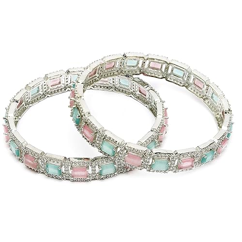 ZENEME Rhodium-Plated Silver Toned American Diamond Square Shaped studded Bangle Jewellery Set for Girls and Women (Set Of 2)