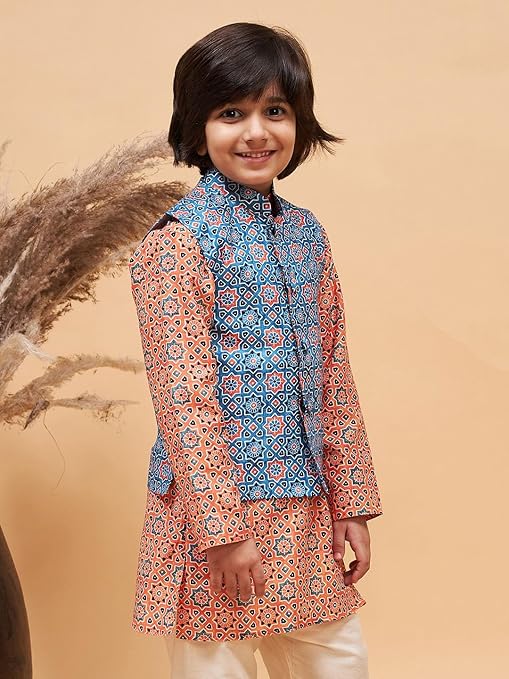 VASTRAMAY Boys' Blue Nehru Jacket | Classic & Elegant Sleeveless Moroccan Pattern Printed Silk Blend Jacket for boys - Navratri Special Traditional Ethnic Waistcoat - Perfect for Festivals, Weddings - Image 3