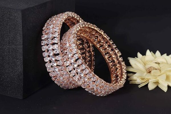 LAVAZZA RoseGold Metal American Diamond Bangles Kangan Set For Women & Girls Stylish | AD Bangles | Diamond Kada For Women | Premium Rose Gold Plated Bangles Kada- Set of 2 - Image 3