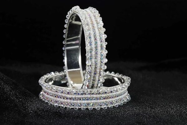 NMII Stylish Pearls & Zircon Diamond Stone Metal Bangles For Women and Girls | Fancy Women's Bangles Bracelet | Metallic Bangles kada | Trendy Bangles Fashion Jewellery- Set of 2 - Image 4
