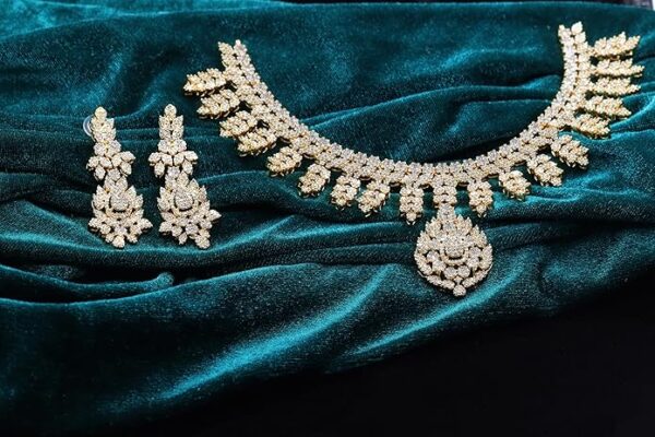 Women American Diamond Gold Leaf Shaped Necklace Set with Earrings - Image 2