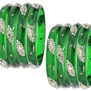 NMII Glass with Zircon Gemstone Studded Kada Bangles Set For Girls and Women| (Pack of 8)