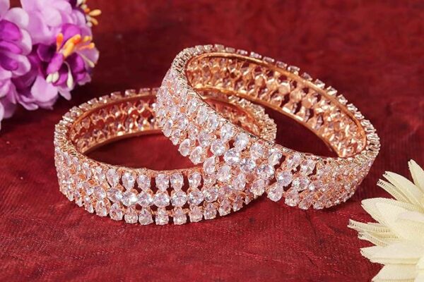 LAVAZZA RoseGold Metal American Diamond Bangles Kangan Set For Women & Girls Stylish | AD Bangles | Diamond Kada For Women | Premium Rose Gold Plated Bangles Kada- Set of 2 - Image 2