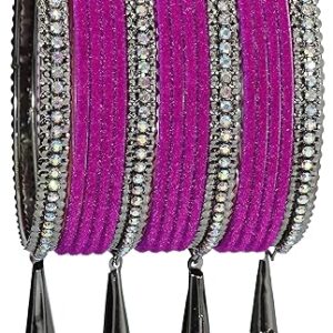 NMII Metal with Zircon Gemstone and Velvet Adorned Bells Latkan Bangles Set For Girls and Women