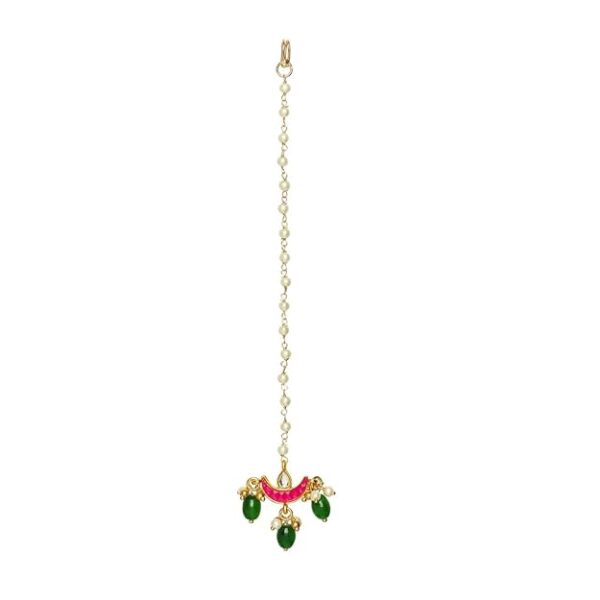 SANJOYA by EVERSTYLISH Kundan Maang Tikka for Women | Moon-Inspired Pearl & Green Drop Bridal Headpiece | Ethnic Jewelry for Weddings & Festive Occasions