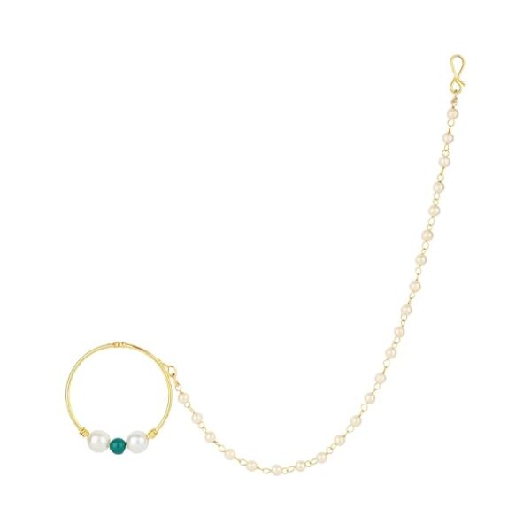 I Jewels Gold Plated Ethnic Bridal Nose Ring/Nath without piercing with Single Pearl Chain For Woman