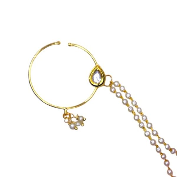JWELLA Gold Plated Traditional Ethnic Bridal Nose Ring/Nath without piercing with Pearl Chain Encased with Pearl Stone - Image 2