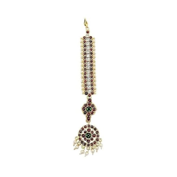 Traditional Indian Dance Performance Jewellery, Pearl Drop Maang Tikka with Green and Red Stones, Wedding Collection