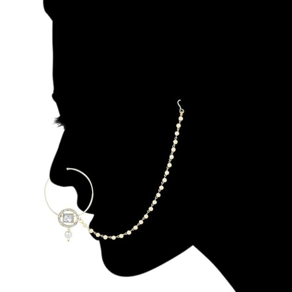 I Jewels Gold Plated Traditional Ethnic Bridal Nose Ring/Nath Without Piercing with Pearl Chain Encased with Pearl Stone for Women (NL63W) - Image 4