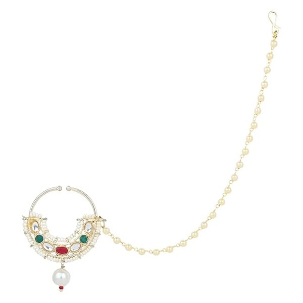I Jewels Gold Plated Traditional Ethnic Bridal Nose Ring/Nath Without Piercing with Pearl Chain Encased with Pearl Stone for Women/Girls
