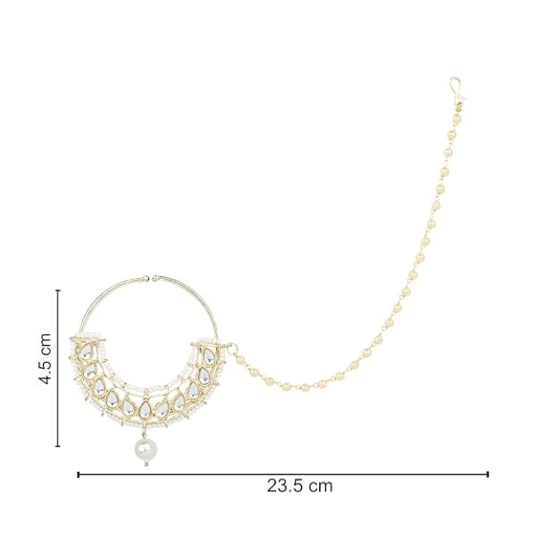 I Jewels Gold Plated Traditional Ethnic Bridal Nose Ring/Nath Without Piercing with Pearl Chain Encased with Pearl Stone for Women/Girls - Image 3