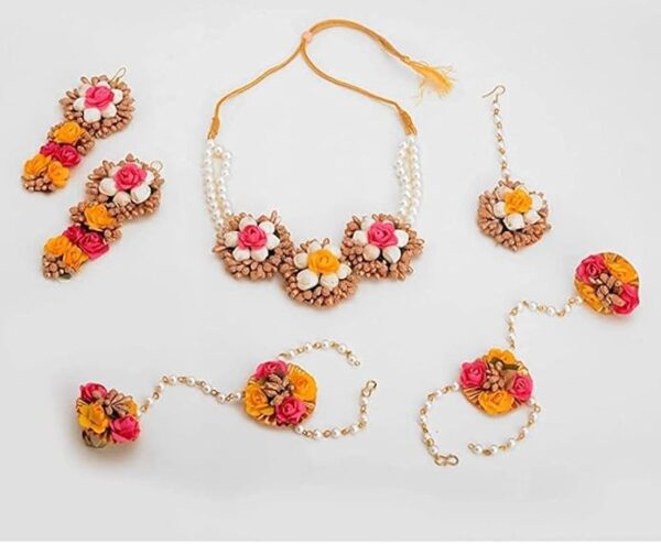 Fastcraft Laxmi Enterprises Flower Jewellery Set for Haldi Baby Shower Mehendi Godbharai Pink Paper Set for Women and Girls - Image 4