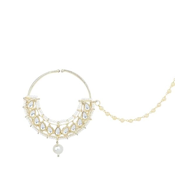 I Jewels Gold Plated Traditional Ethnic Bridal Nose Ring/Nath Without Piercing with Pearl Chain Encased with Pearl Stone for Women/Girls - Image 4