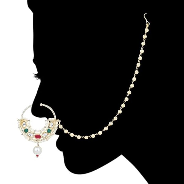 I Jewels Gold Plated Traditional Ethnic Bridal Nose Ring/Nath Without Piercing with Pearl Chain Encased with Pearl Stone for Women/Girls - Image 3