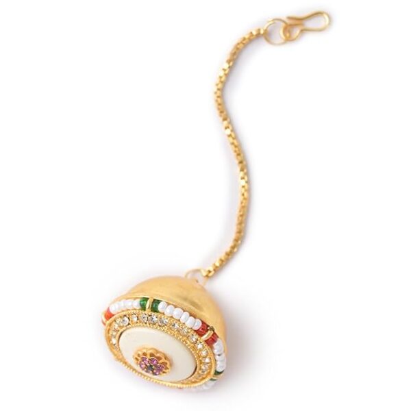 VAMA FASHIONS Gold Tone Circular Bell Shape Maang Tikka with Beads White Stones Traditional Hair Accessory for Women & Girls