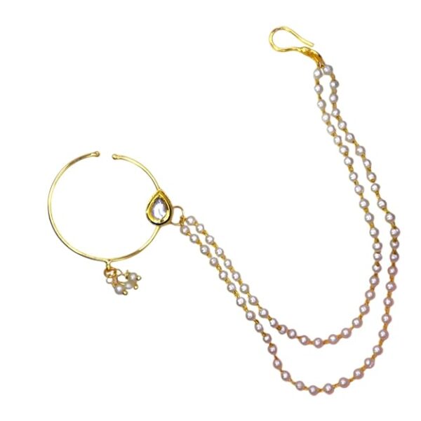 JWELLA Gold Plated Traditional Ethnic Bridal Nose Ring/Nath without piercing with Pearl Chain Encased with Pearl Stone