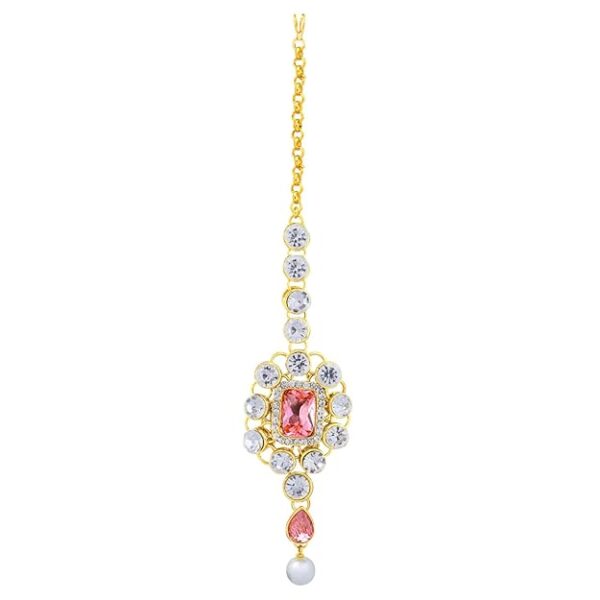 Peora Crystal Choker Necklace with Maang Tikka Earrings Indian Traditional Bridal Wedding Jewellery Set for Women - Image 3
