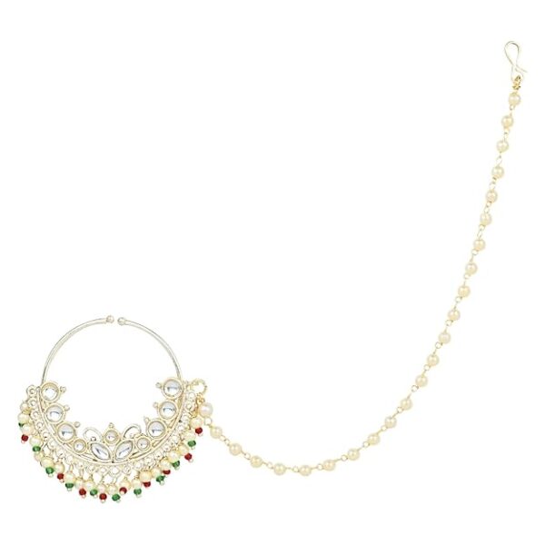 I Jewels Gold Plated Traditional Ethnic Bridal Nose Ring/Nath Without Piercing with Pearl Chain Encased with Pearl Stone for Women/Girls (NL70W)
