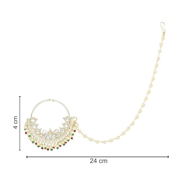 I Jewels Gold Plated Traditional Ethnic Bridal Nose Ring/Nath Without Piercing with Pearl Chain Encased with Pearl Stone for Women/Girls (NL70W) - Image 2