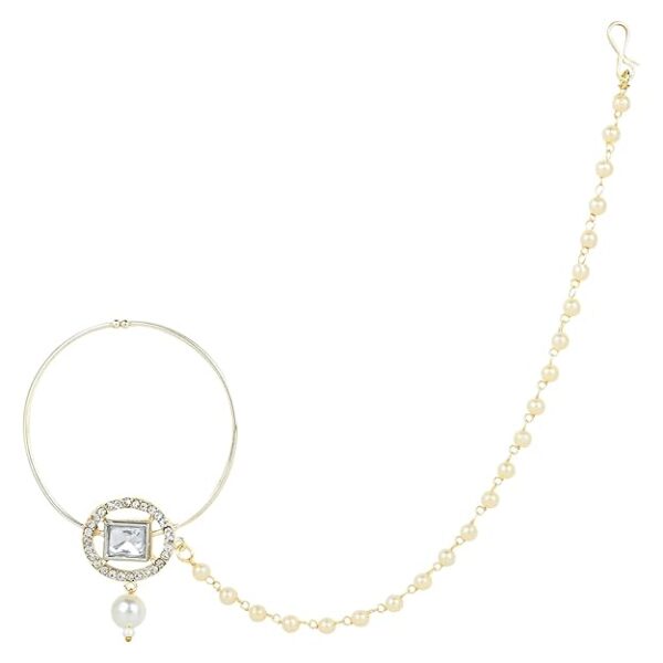 I Jewels Gold Plated Traditional Ethnic Bridal Nose Ring/Nath Without Piercing with Pearl Chain Encased with Pearl Stone for Women (NL63W)