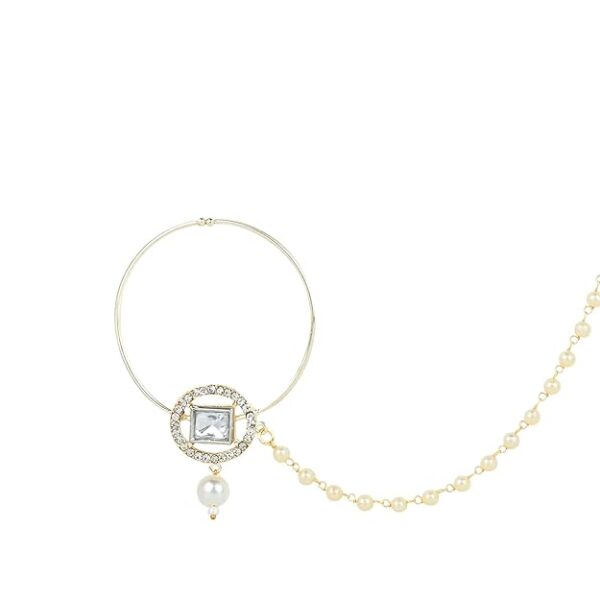 I Jewels Gold Plated Traditional Ethnic Bridal Nose Ring/Nath Without Piercing with Pearl Chain Encased with Pearl Stone for Women (NL63W) - Image 3