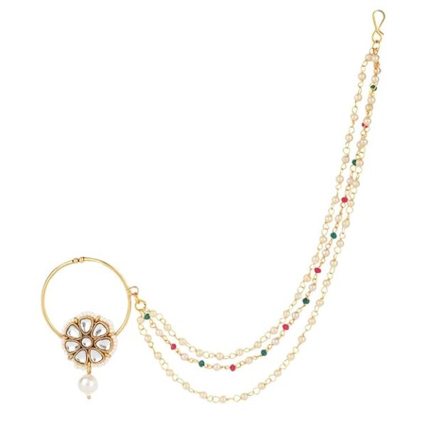 I Jewels Gold Plated Ethnic Bridal Nose Ring/Nath without piercing with Multilayered Pearl Chain (NL81W)