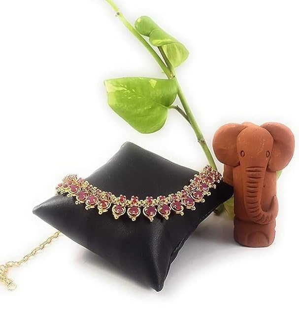 AFJ GOLD 1 Gram Micro Gold Plated Traditional Trendy South Indian Fashion Jewellery Stylish Ruby Emrald Stone Necklace for Women & Girls (DAT/HALL-02) (Yellow) - Image 4