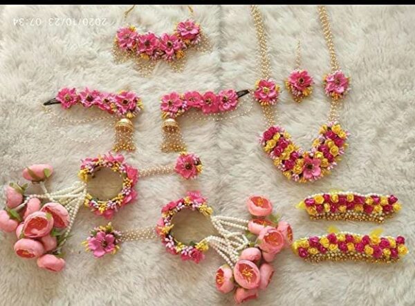 Sanvatsar Home Flower Fabric Handmade Jewellery for Haldi, Baby Shower, Mehndi, Godbharai Set for Women/Girls. Floral Jewellery Set, Jewellery Gift (Pink) - Image 2