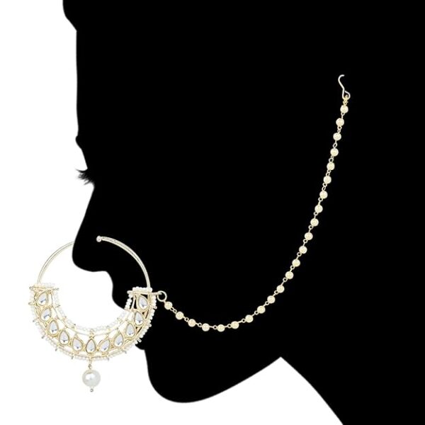 I Jewels Gold Plated Traditional Ethnic Bridal Nose Ring/Nath Without Piercing with Pearl Chain Encased with Pearl Stone for Women/Girls - Image 2