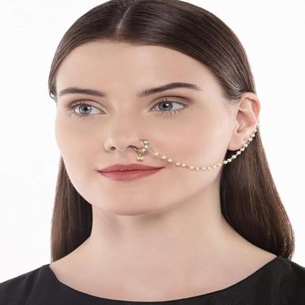 ACCESSHER Gold Plated Delicate Traditional and Ethnic Wear Stunning Kundan Embellished Delicate Clip On Nose Ring/Non-Piercing Nose Pin/Nathani for Women Pack of 1 - Image 5