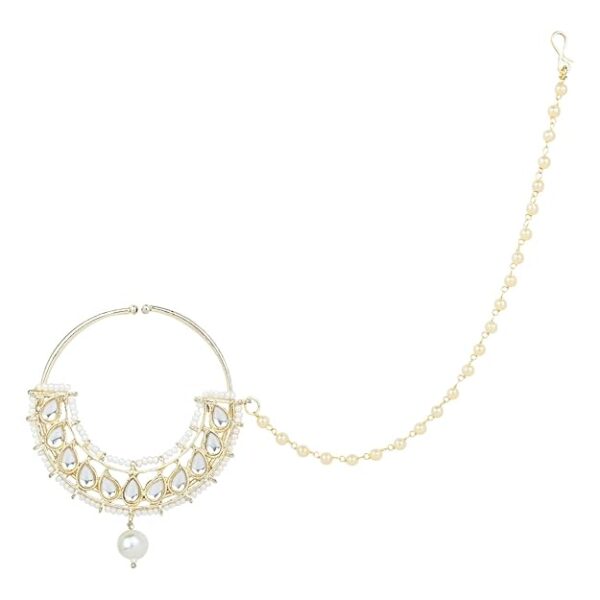 I Jewels Gold Plated Traditional Ethnic Bridal Nose Ring/Nath Without Piercing with Pearl Chain Encased with Pearl Stone for Women/Girls