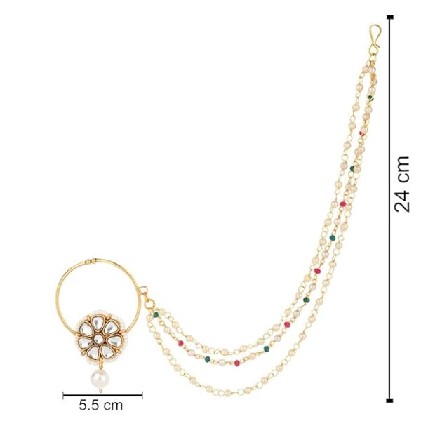 I Jewels Gold Plated Ethnic Bridal Nose Ring/Nath without piercing with Multilayered Pearl Chain (NL81W) - Image 2
