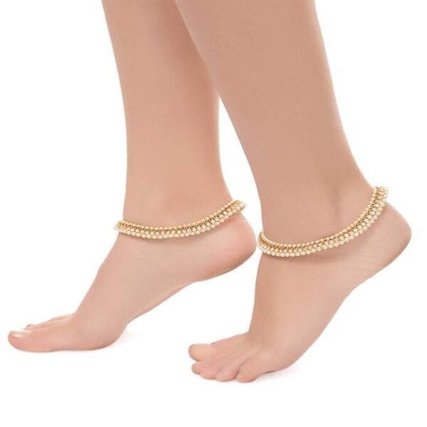 SheCARIO Gold Plated Anklets | Payal With White Moti | Pajeb | Pattilu | Painjan | Foot Jewellery for Girls & Women - Multicolor - Set of 1 - Image 2