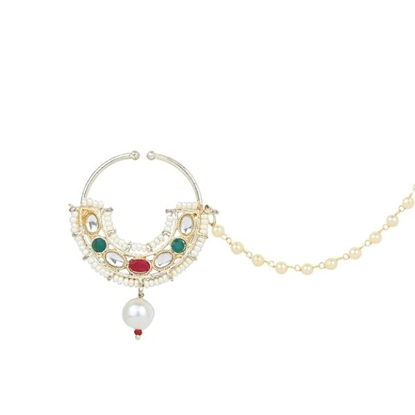 I Jewels Gold Plated Traditional Ethnic Bridal Nose Ring/Nath Without Piercing with Pearl Chain Encased with Pearl Stone for Women/Girls - Image 4