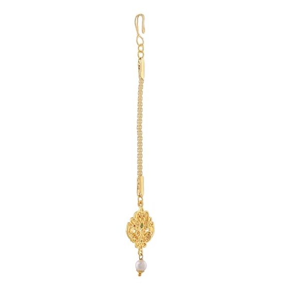 Estele CZ Entwined Peacock Designer Maang Tikka with Pearls for Girls & Women's - Image 2