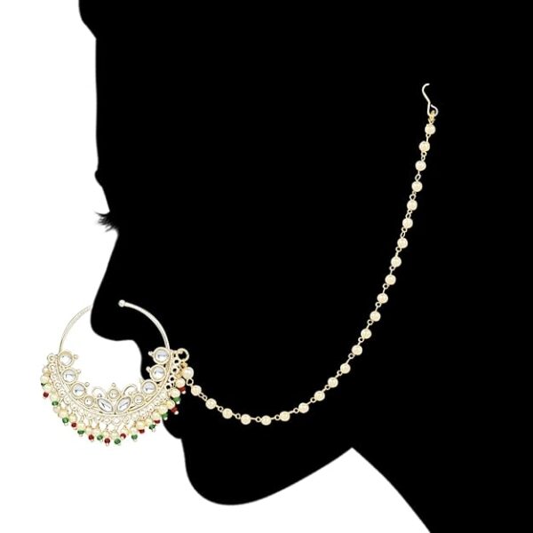 I Jewels Gold Plated Traditional Ethnic Bridal Nose Ring/Nath Without Piercing with Pearl Chain Encased with Pearl Stone for Women/Girls (NL70W) - Image 4